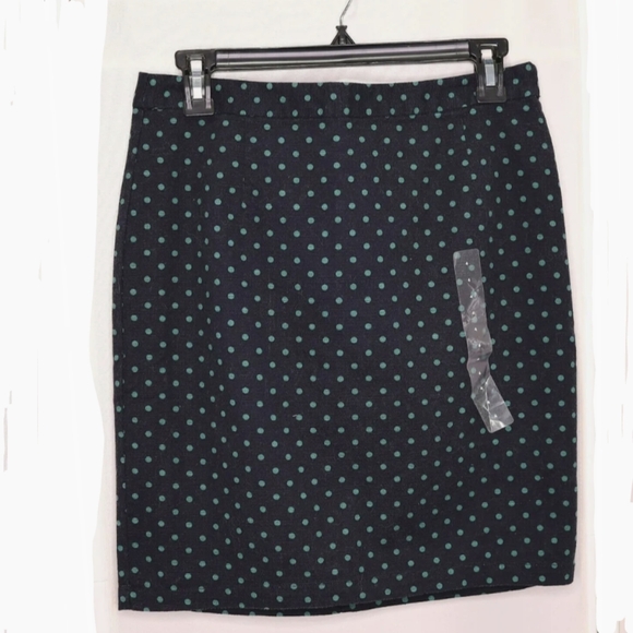 Gap Ladies' Pencil Jean Skirt Knee Length Navy blue w/ Green Polka Dots Sz 8/10 - Picture 1 of 5